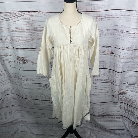 Injiri Ivory Round Neck Long Sleeve 3/4 Button Cotton Midi Dress - Size 38