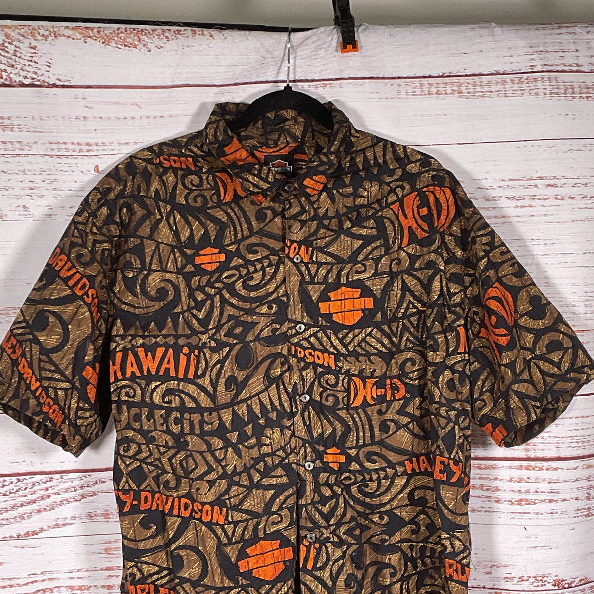 HARLEY DAVIDSON Men's Brown Print Button Up Short Sleeve Shirt- SZ 2XL