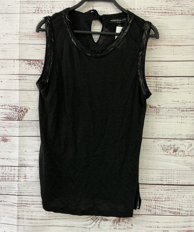 NWT Women's Generation Love Black Linen Top with beading Size M Retail $160
