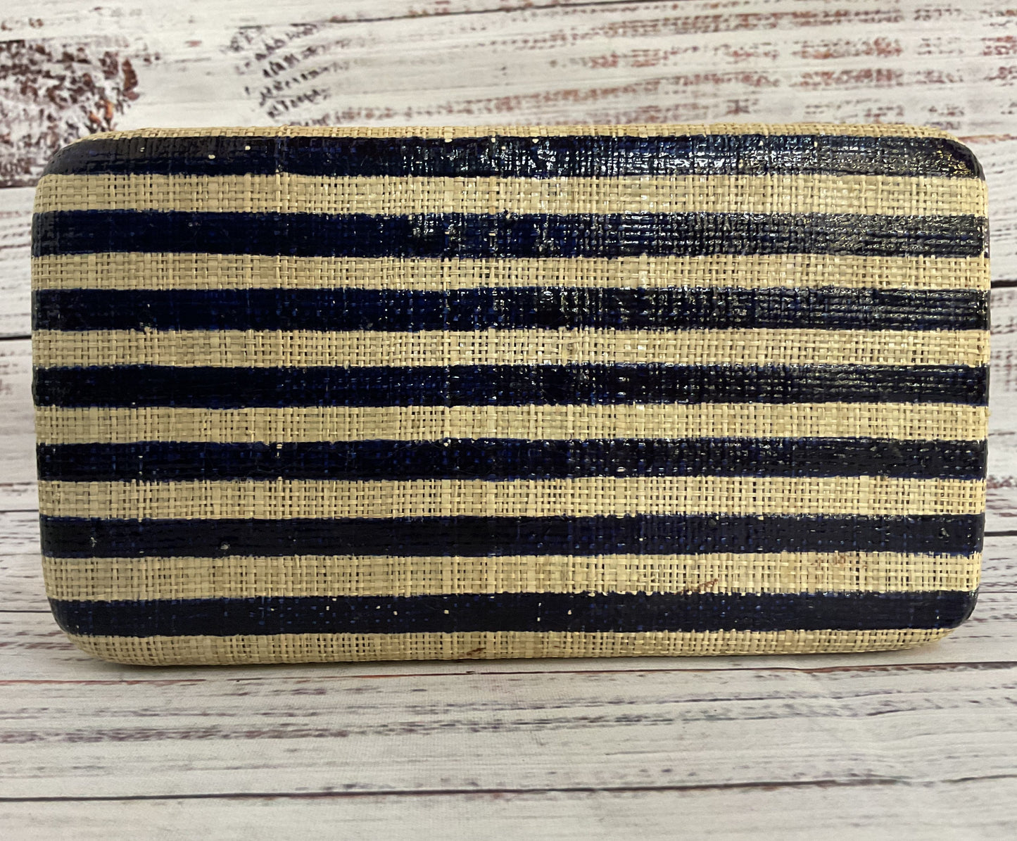 Kayu Vera Women's Beige Blue Striped Raffia Clutch Evening Bag MISSING LEMON