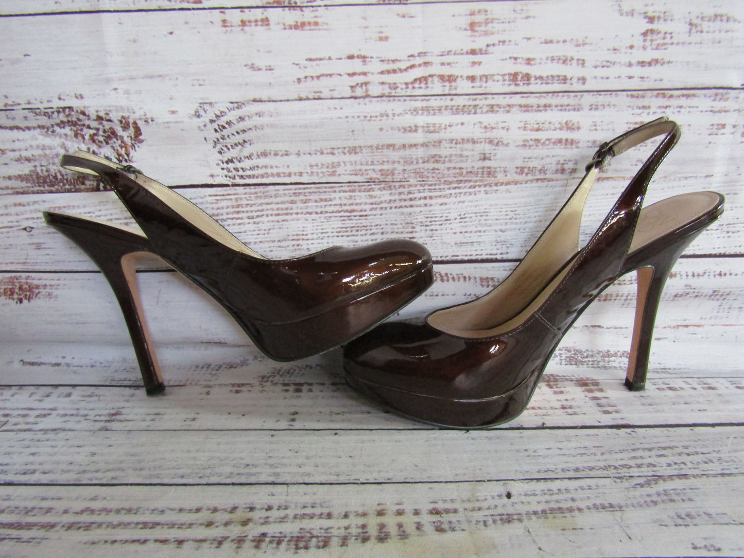 Joan & David Funn Women's Brown Patent Leather Slingback Heel Sandals Size 6.5