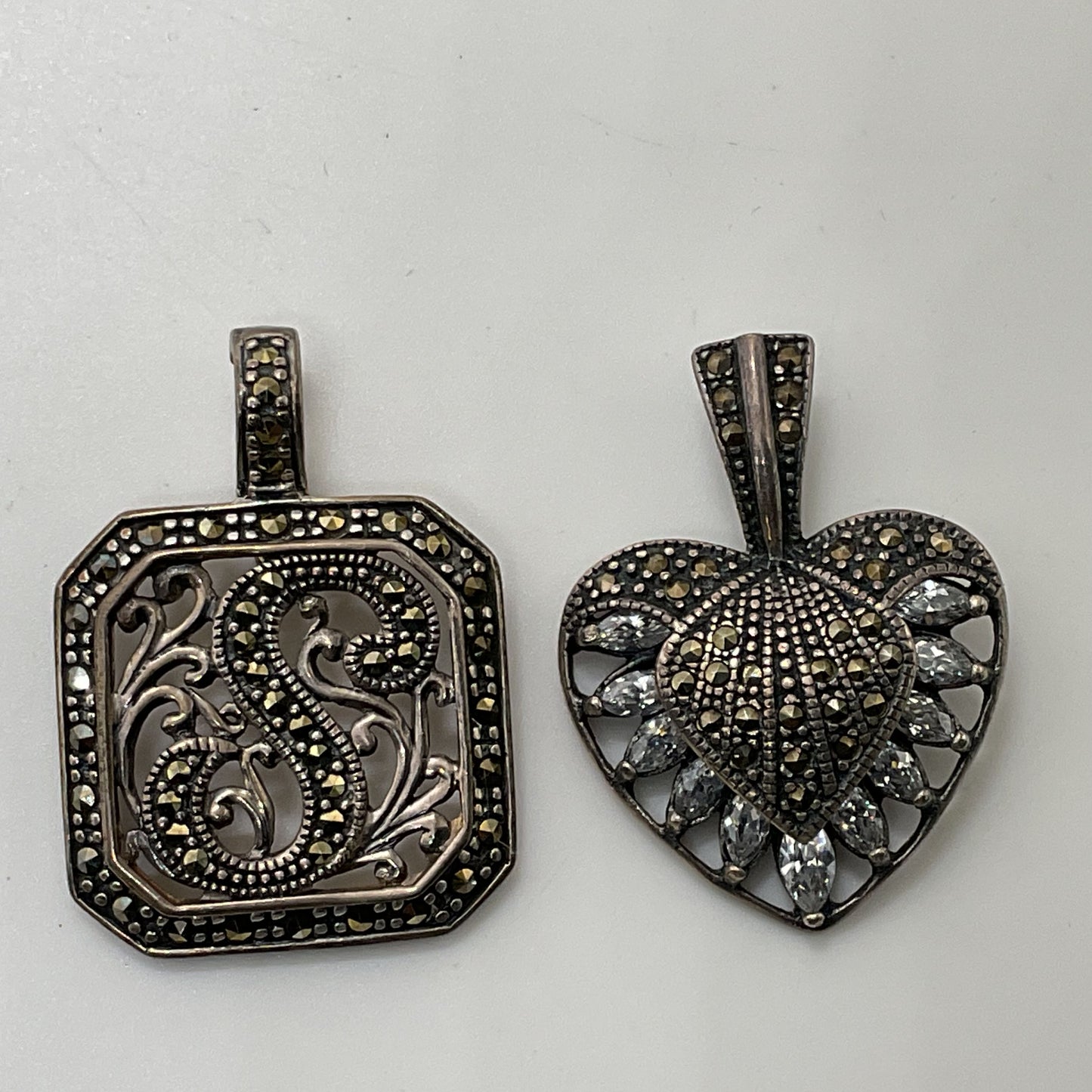 Set of 2 VTG. Sterling Silver Marcasite Rhinestone Art Deco Pendants- 14.20g