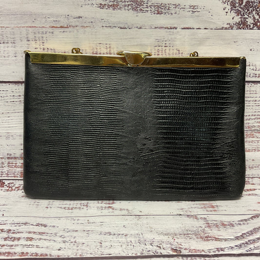 Etra Black Embossed Leather Folding Hinge Opening Clutch Gold Chain