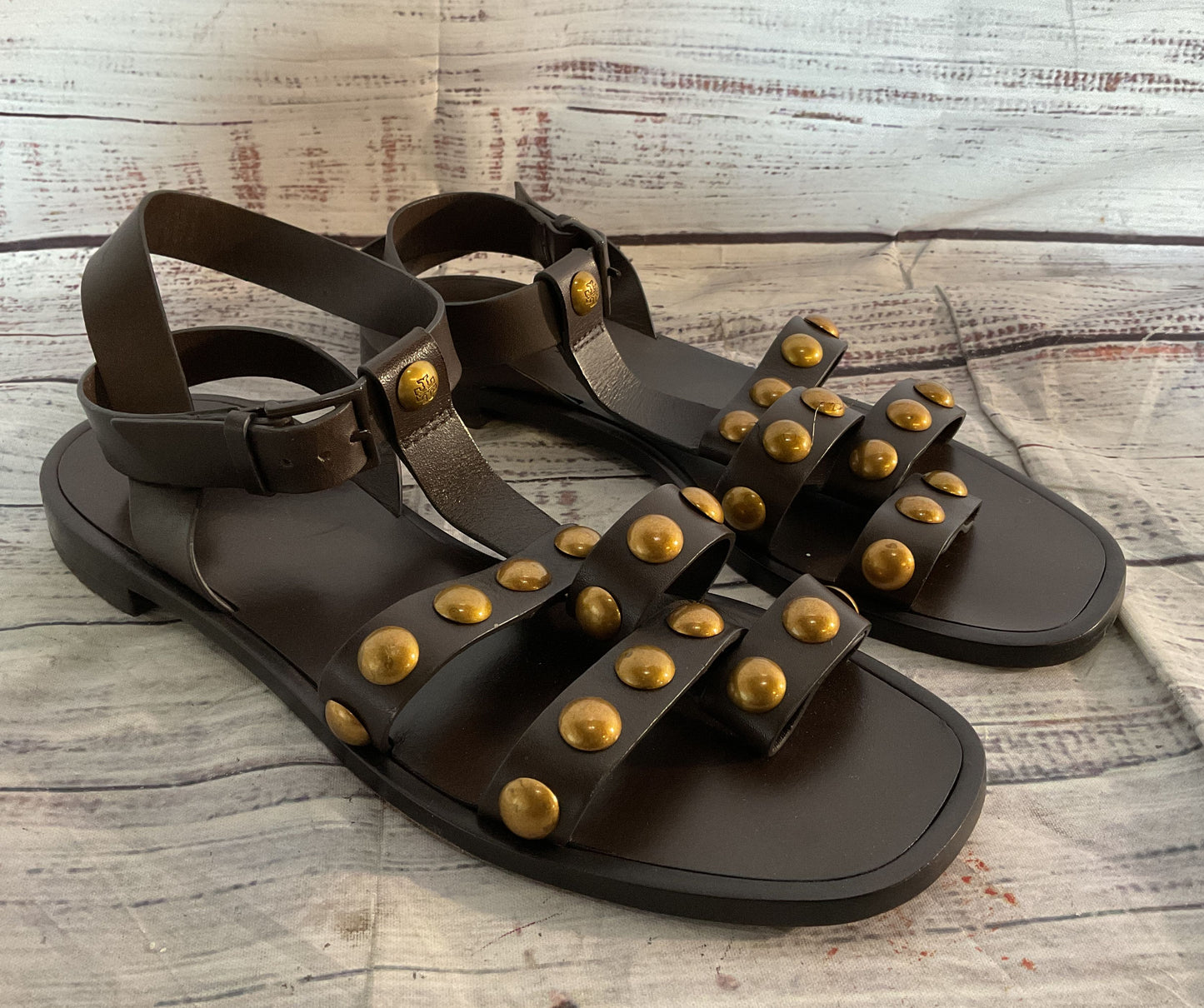 Tory Burch Leather Blythe Embellished Sandals Brown 7