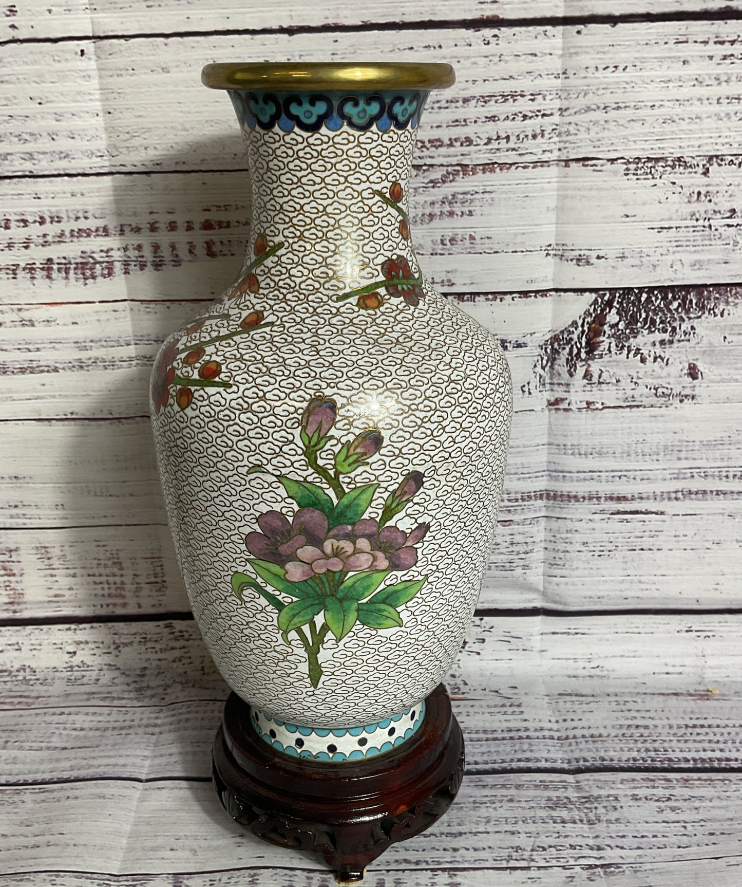 VTG. Chinese Floral Cloisonne Enamel Brass Vase with Wood Stand- 9.5"