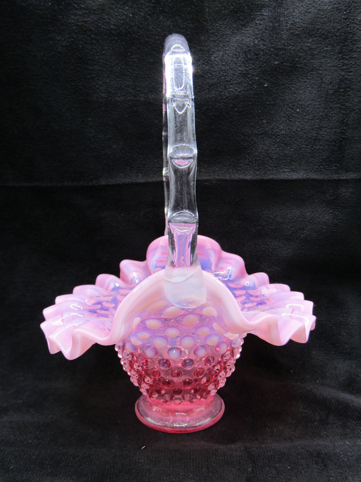 Vintage Hand Blown Pink Studded Glass Basket Figurine