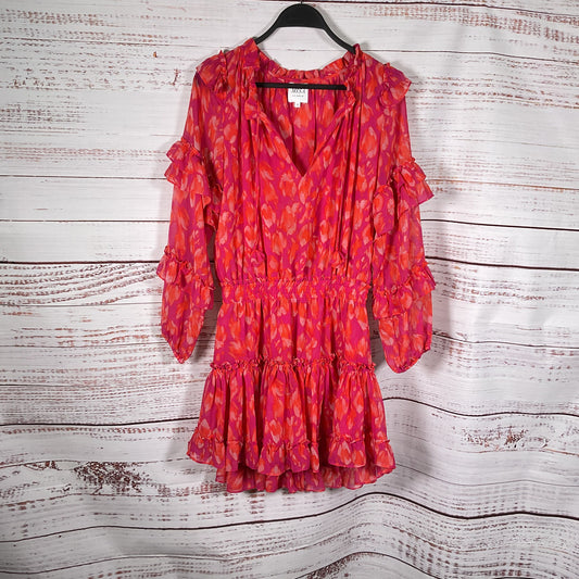 Misa Los Angeles Rizou Orange Red Print Ruffle Frill Dress - Size S
