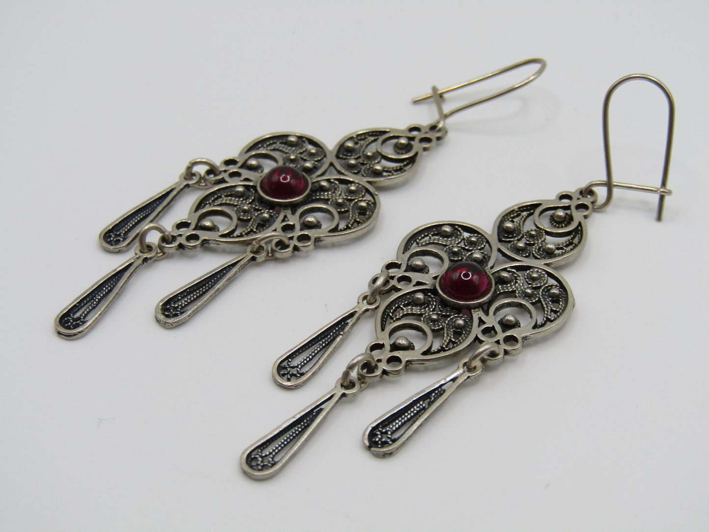 Sterling Silver Filigree Drop Dangle Rhodolite Garnet Earrings