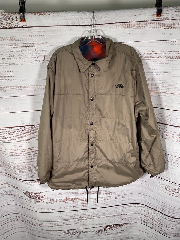 The North Face Jacket Men's 2XL Tan Blue Orange Plaid Quilted Shacket Reversible