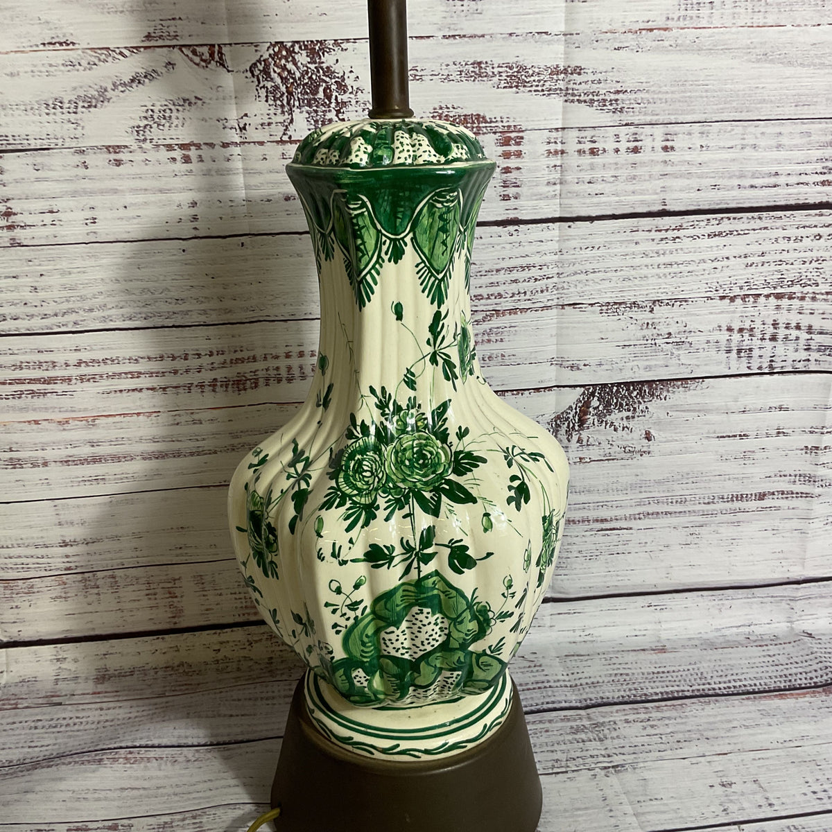 ANTIQUE DELFT???? Hand Painted Green Floral Porcelain and Brass Lamps- 28"