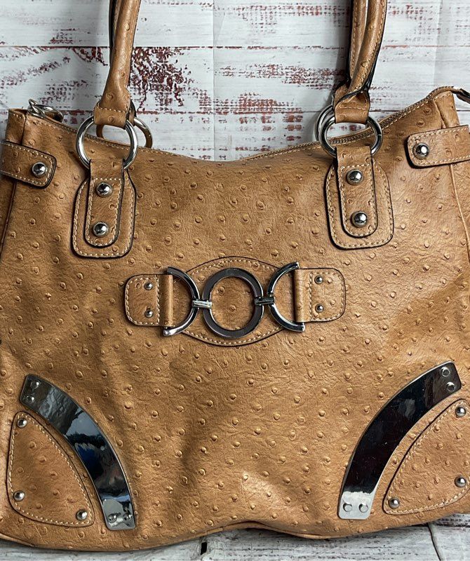 Guess Vintage Faux Leather Ostrich Embossed Shoulder Bag Brown