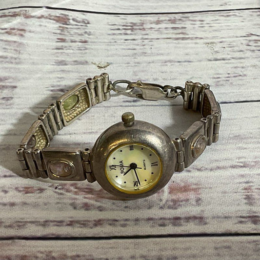 VTG. BOMA Women's Sterling Silver Mother of Pearl Face Multi Gemstone Watch- 6"
