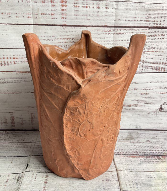 Handmade Cabbage Leaf Pottery 10" Vase Terracotta