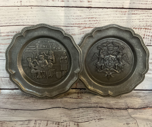 Vintage Decorative Spanish Wall Plates Set of 2 Pewter