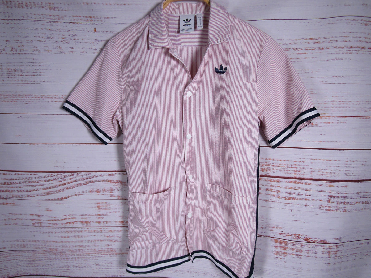 Adidas Seersucker Men's White & Pink Stripe Short Sleeve Shirt Size S