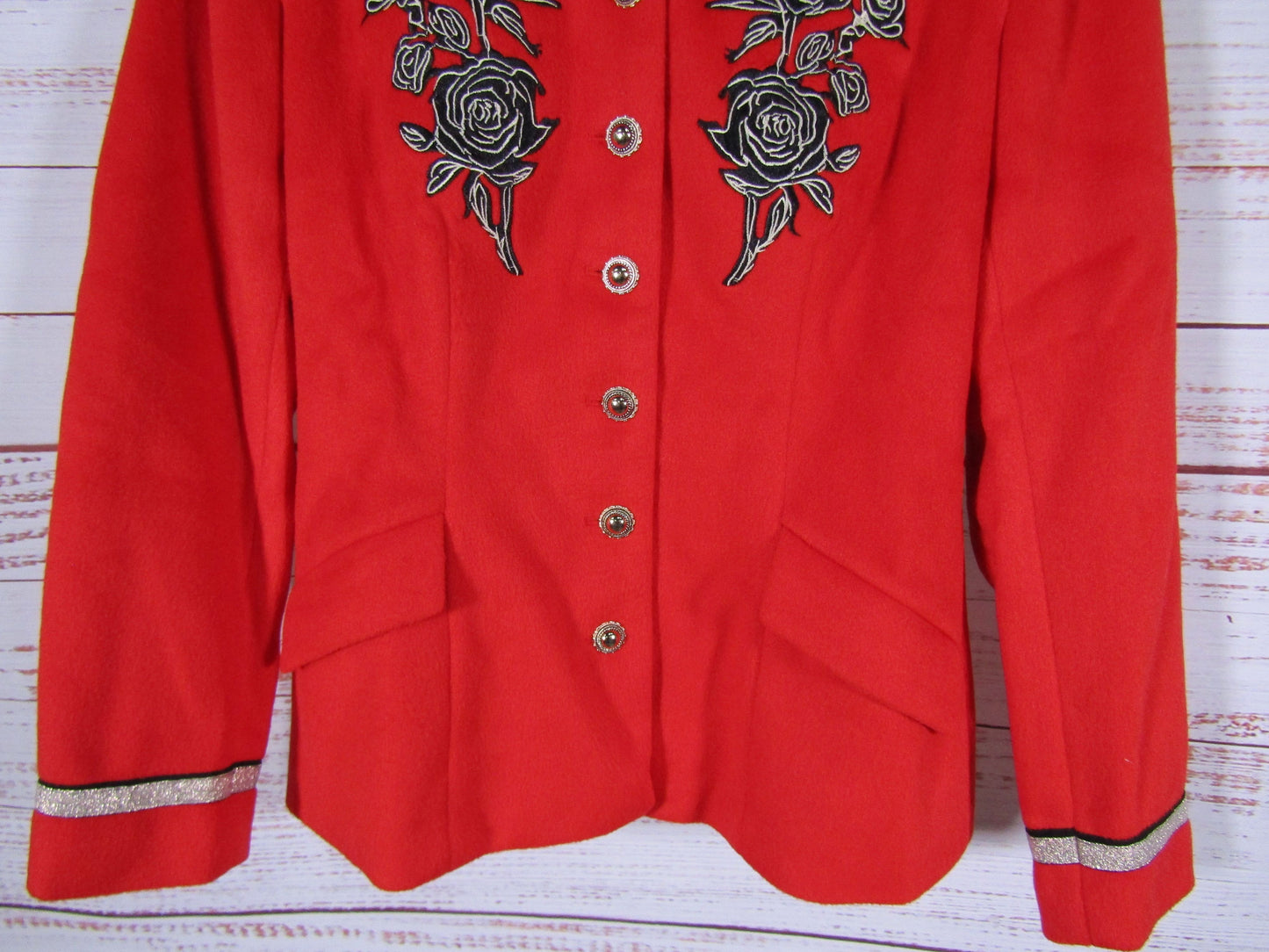 Oyrosy Women's Red Ruffled Stand-up Collar Rose Embroidered Jacket Size M