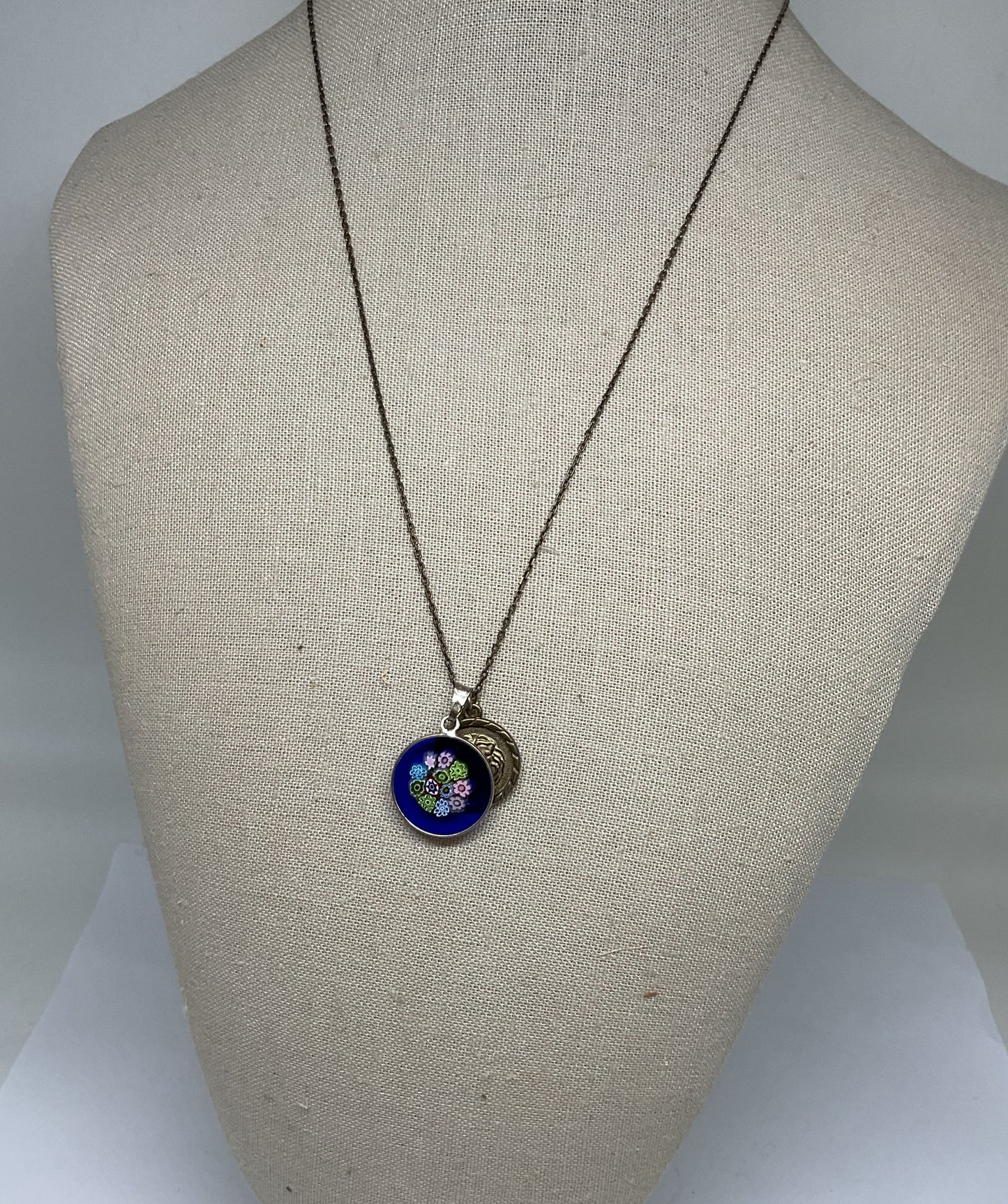 Sterling Silver Chain Necklace Multicolored Millefiori & Round Pendant