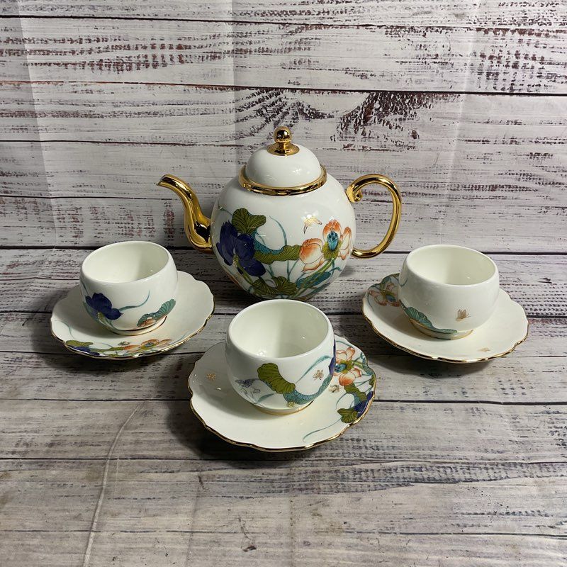 Auratic Happiness Heming 7 Pc Tea Cup Saucer Tea Pot Set 24k Gold Trim Porcelain