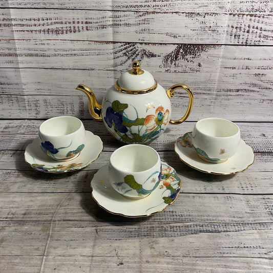 Auratic Happiness Heming 7 Pc Tea Cup Saucer Tea Pot Set 24k Gold Trim Porcelain