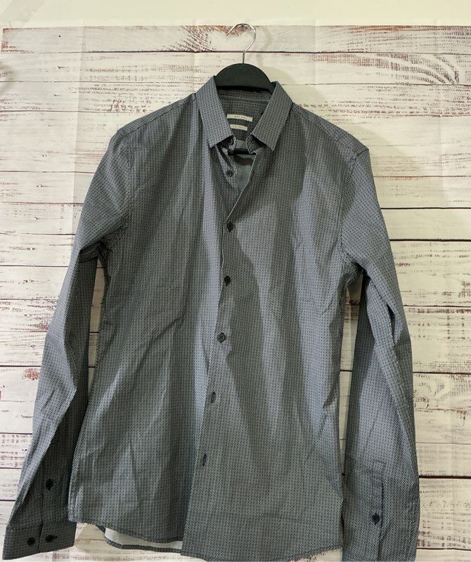 Men's IKKS Blue Print Slim Stretch Shirt Size S Retail $135