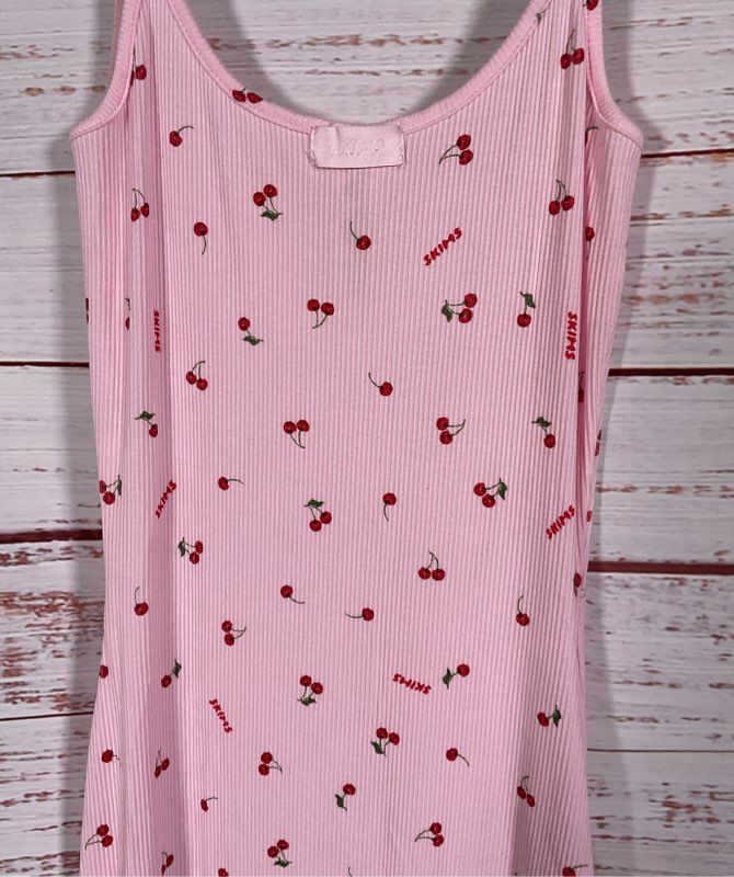 Skims Soft Lounge Long Slip Cherry Print Dress Pink S