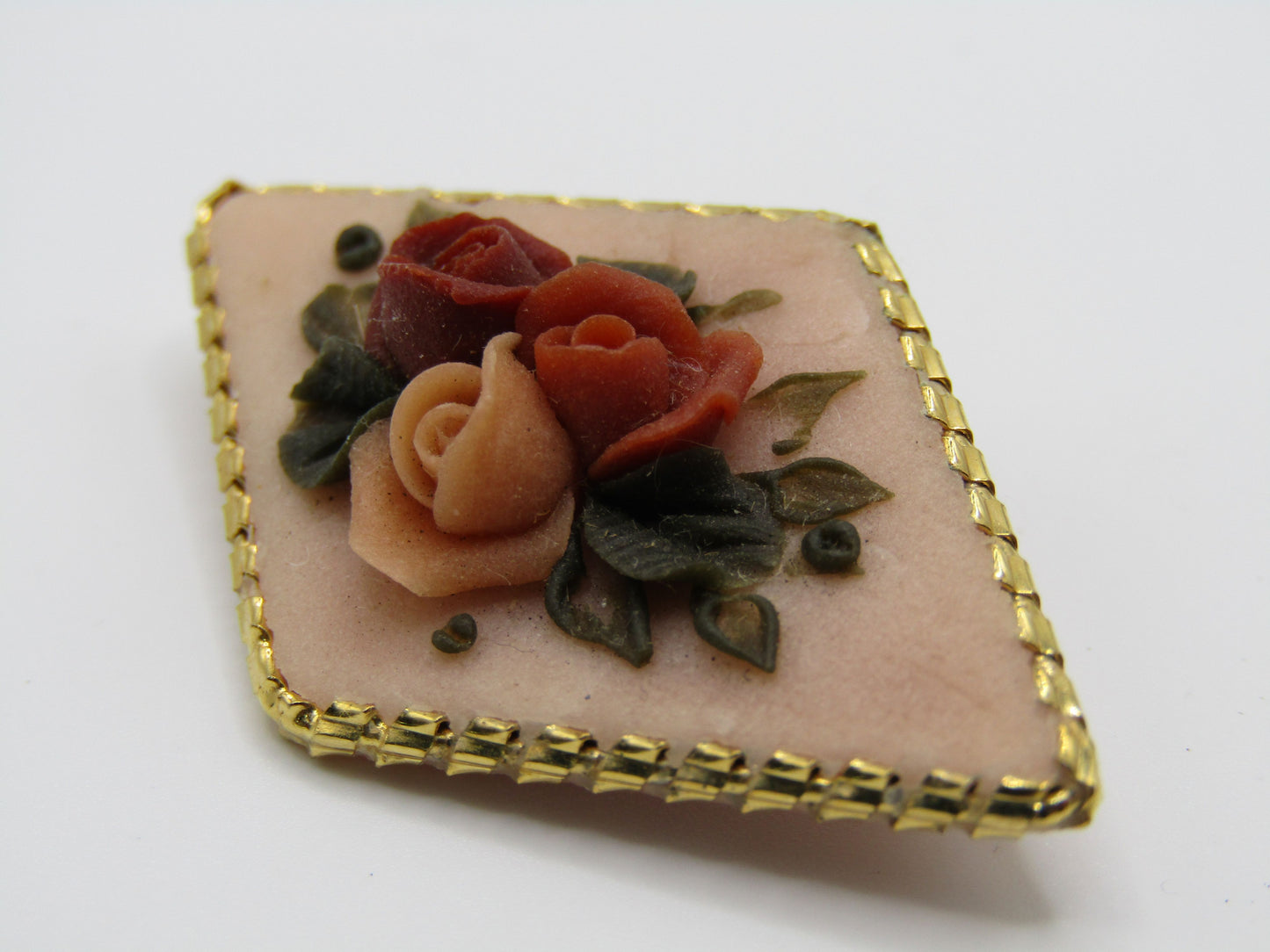 Vintage Handcrafted Floral Rose Resin Gold Plated Brooch Pin