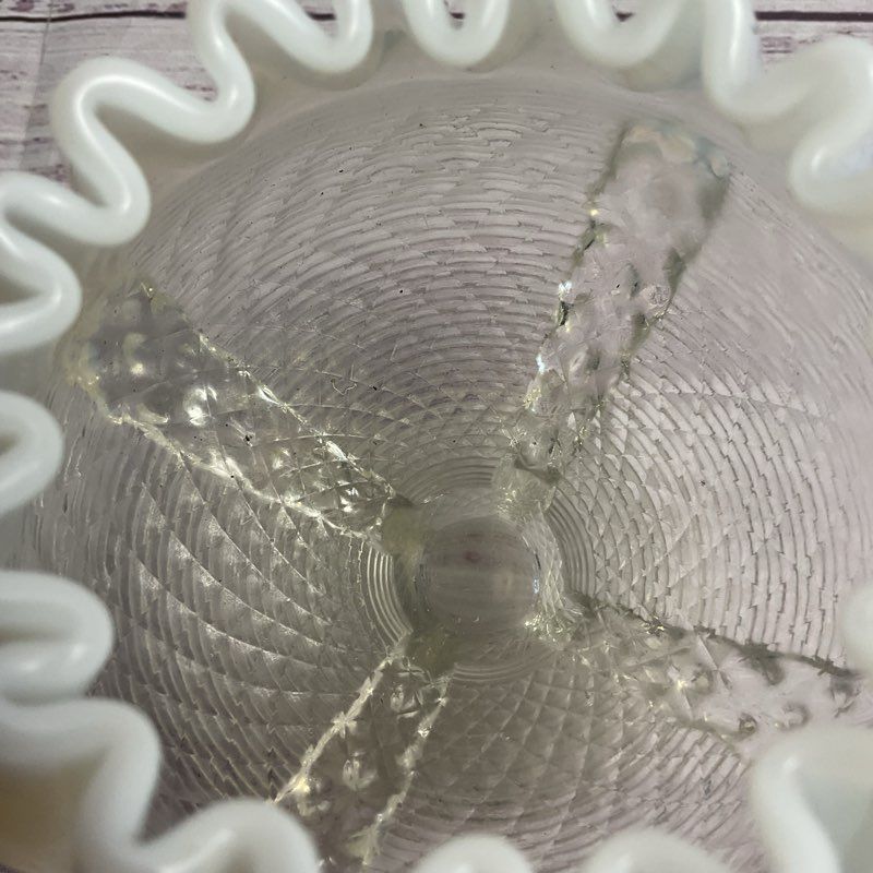 Vintage Opalescent Button & Panel Primrose Ruffle Edge 4" Glass Bowl Vase