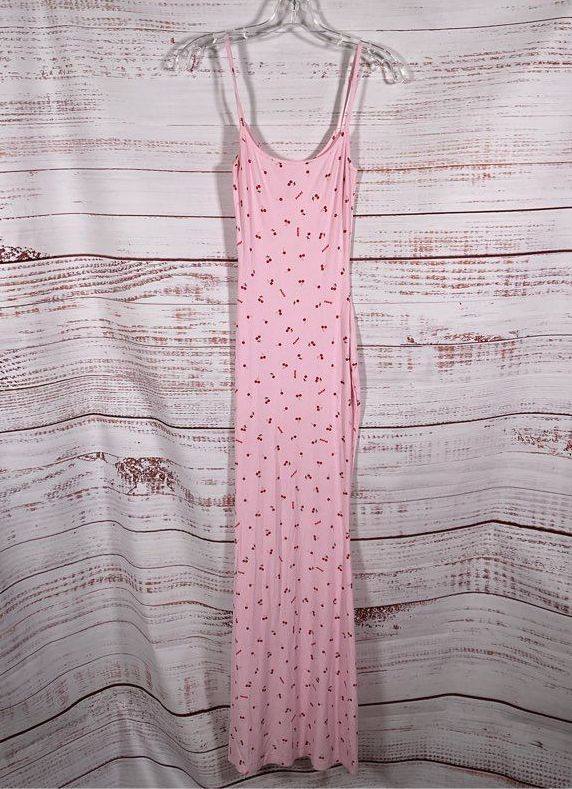 Skims Soft Lounge Long Slip Cherry Print Dress Pink S