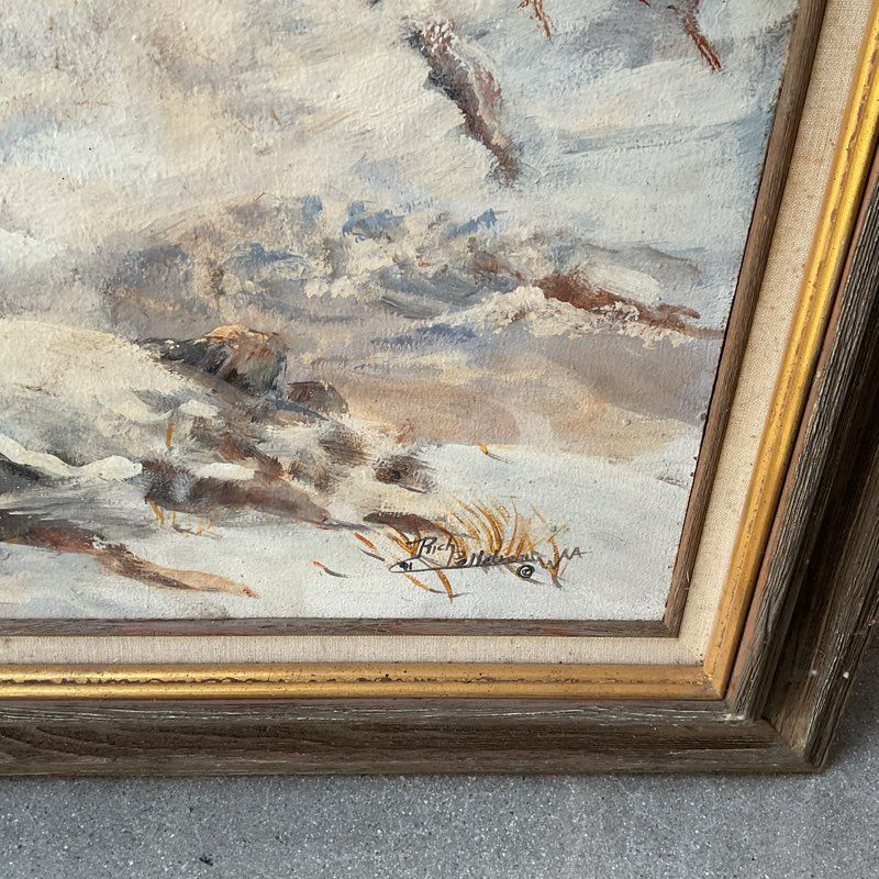 1991 Rich Pelletreau Painting of Two Bighorn Sheep on a Snowy Peak 36" Framed