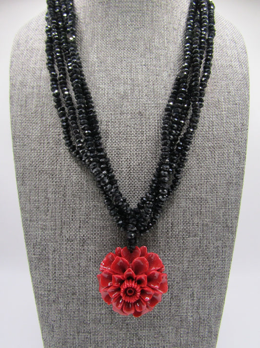 Handcrafted Multi-Strand Faceted Black Rhinestone Floral Carved Resin Necklace