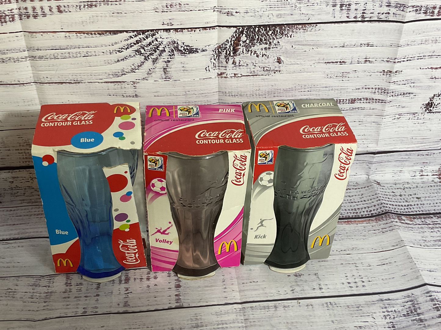 McDonald's Coca Cola Blue Luminarc & 2 Pink/Gray Fifa World Cup Glasses