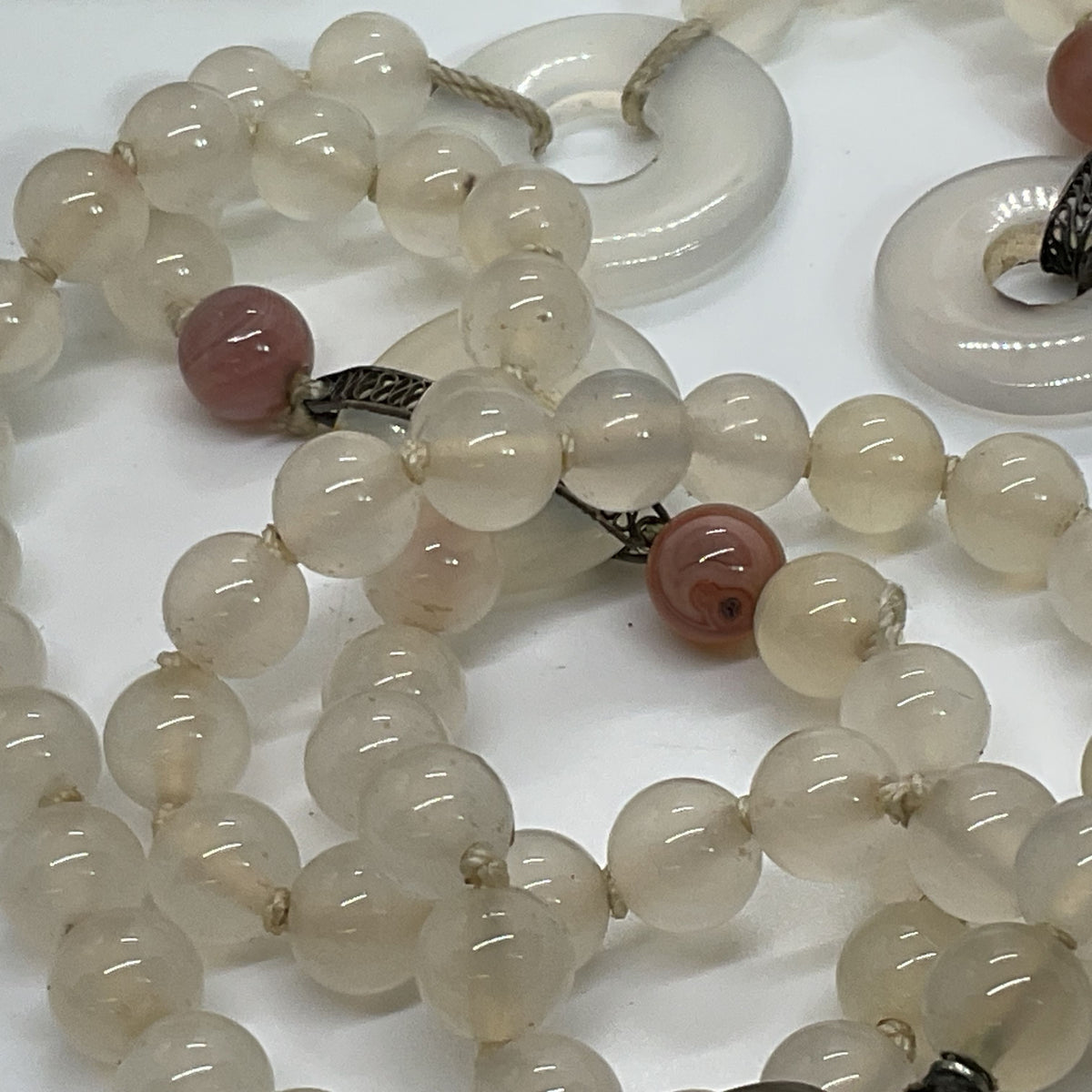 VTG. Sterling Silver Jade Beaded Necklace- 28.5"
