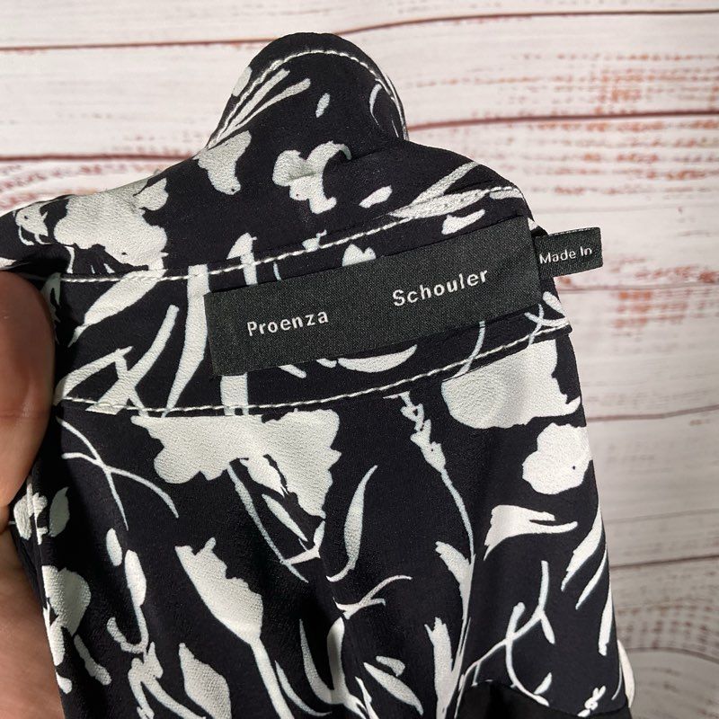 Proenza Schouler Crepe De Chine Black & White Floral Wrap Midi Dress Size 9