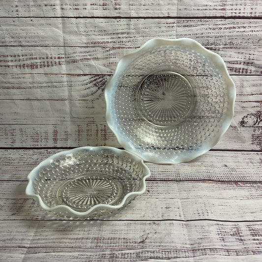 Vintage Set Of 2 Hobnail Moonstone Opalescent Ruffled Edge Glass Bowls