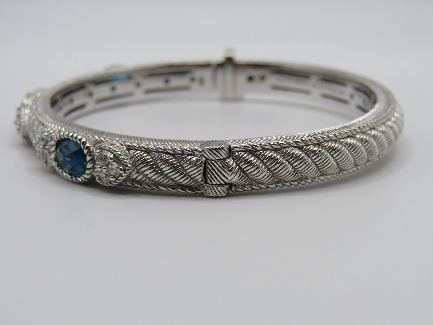 Judith Ripka Sterling Silver Blue Topaz Heart Cable Bangle Bracelet