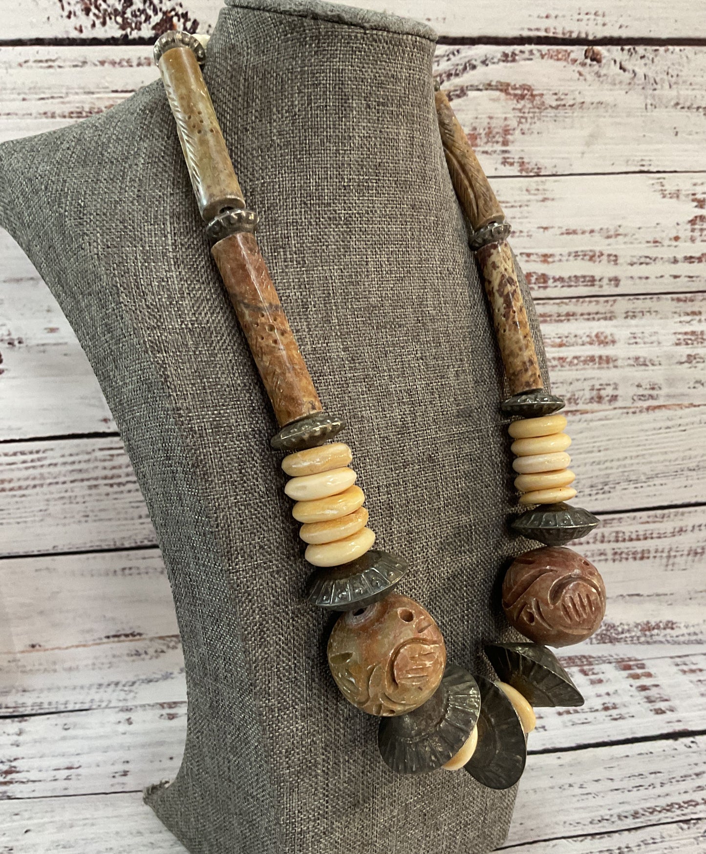 Vintage Tribal Hand Carved Soapstone Silver Plated Disc Necklace