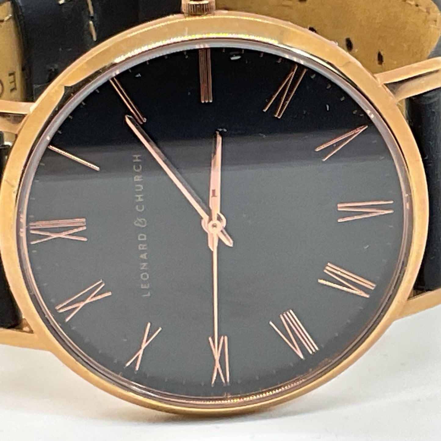 LEONARD & CHURCH Men's Gold Tone Black Leather Band Watch