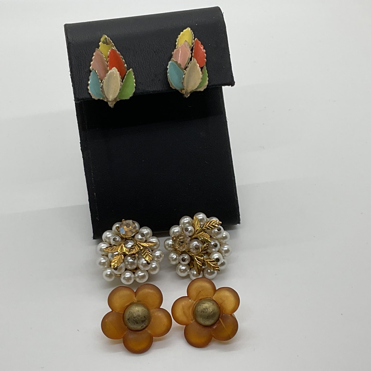 Set of 3 VTG. Enamel, Faux Pearl and Lucite Clip-On Earrings
