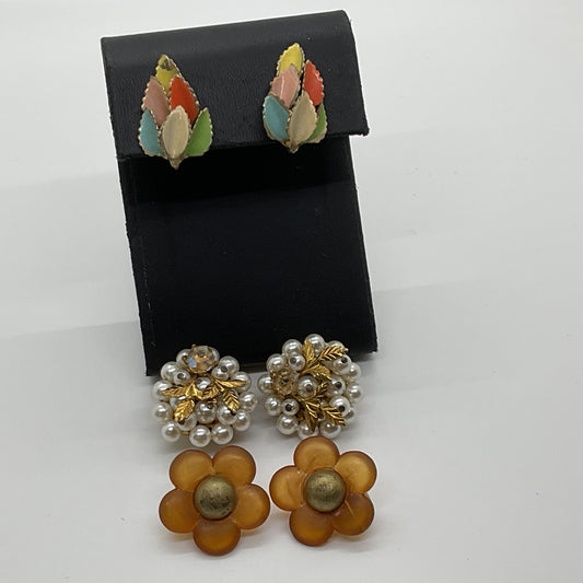 Set of 3 VTG. Enamel, Faux Pearl and Lucite Clip-On Earrings