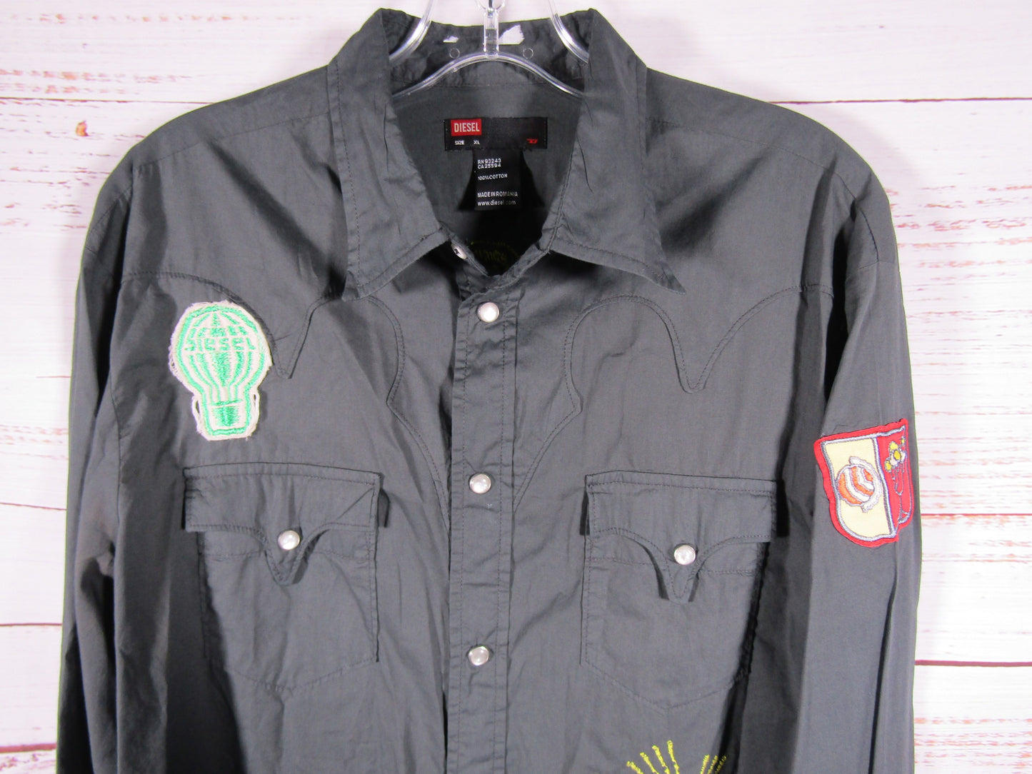 Diesel Special Event Men's Black Long Sleeve Embroidered Patch Shirt Size XL