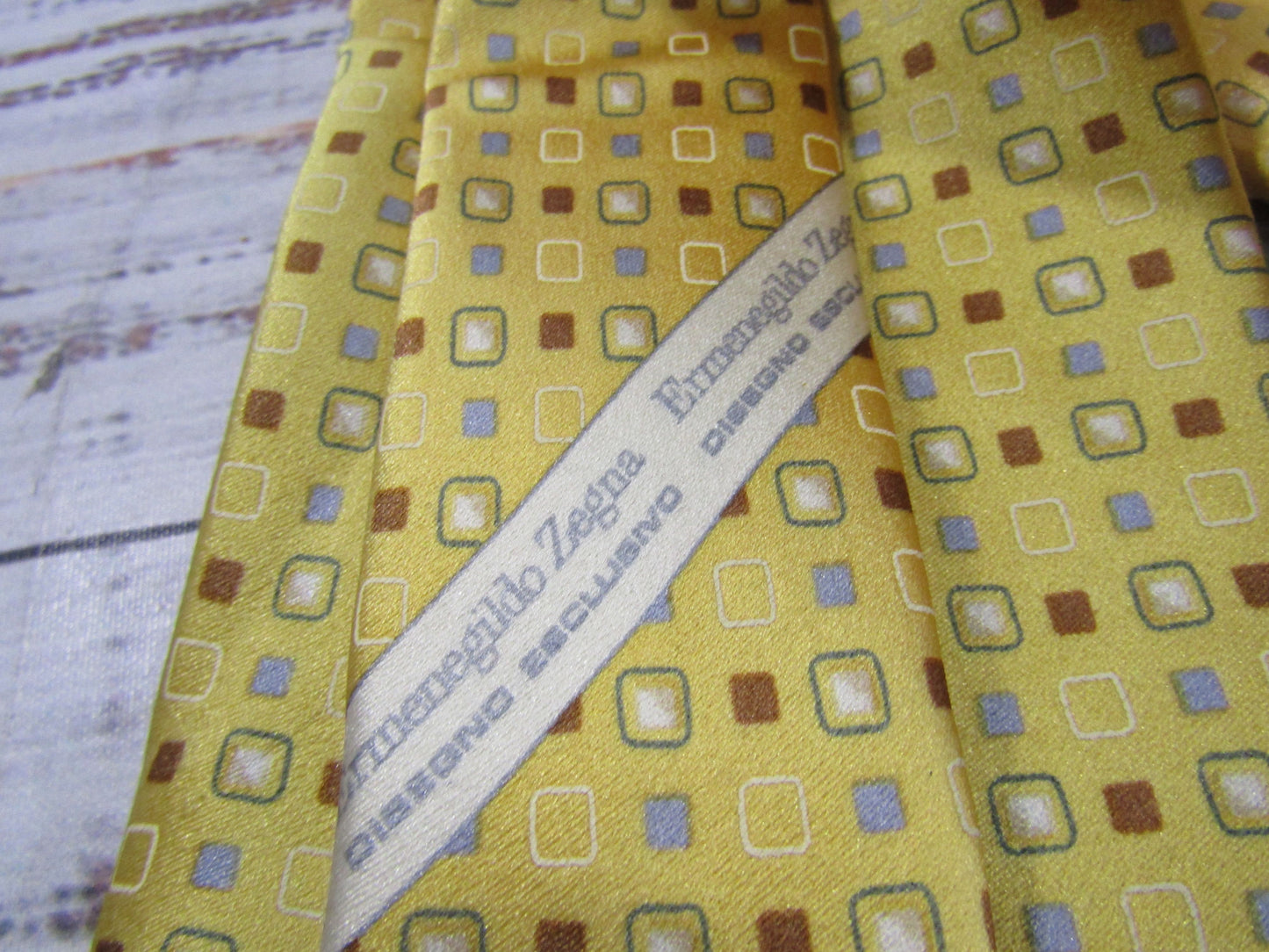 Ermenegildo Zegna Men's Yellow Square Print Silk Tie Made in Italy