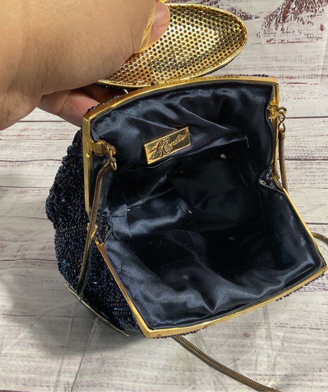Vintage La Regale Metallic Beaded Dark Blue Clutch Bag Gold Tone Strap