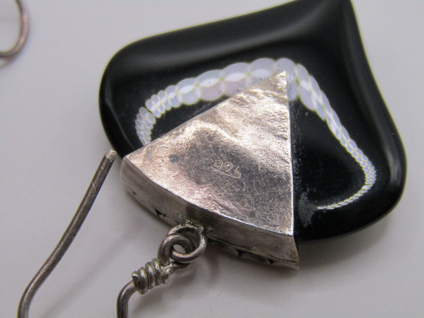 Vintage Sterling Silver Dot Heart Onyx Drop Dangle Earrings