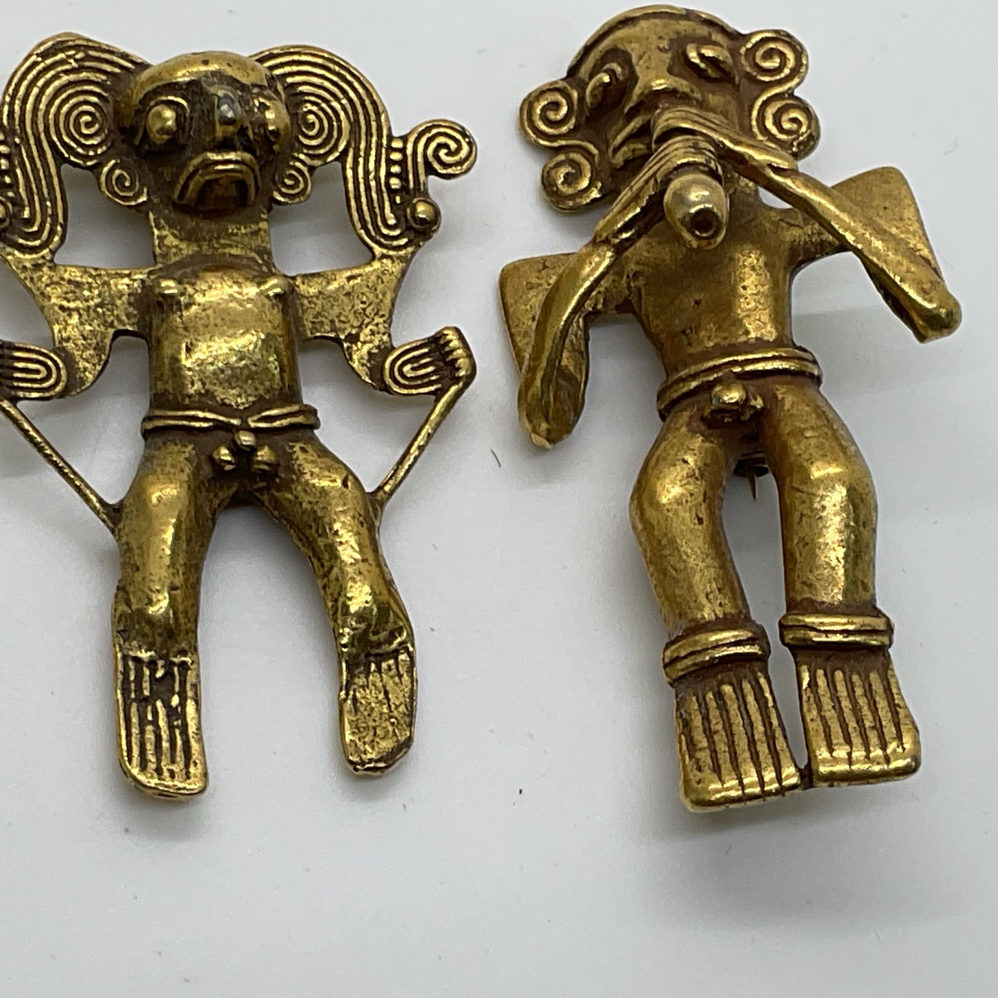 Set of 2 ALVA STUDIOS 2" & 2.25" Brass Mayan Figural Brooch & Fur Clip