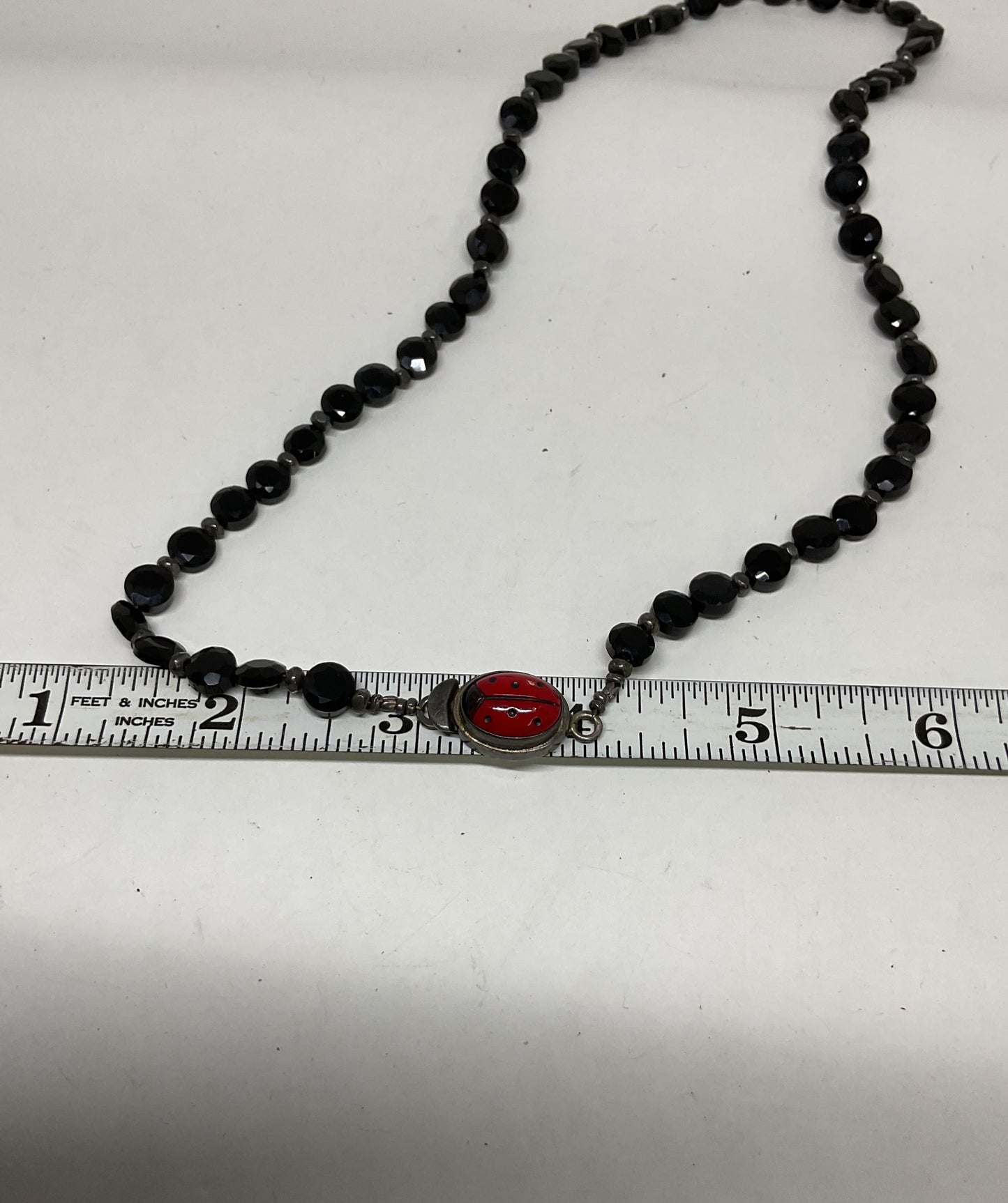 Black Beaded Sterling Silver Ladybug Clasp Vintage Necklace