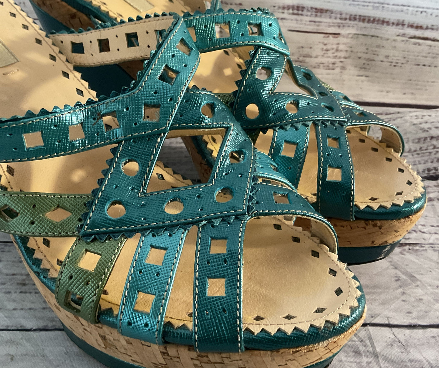 Prada Metallic Leather Strappy Heeled Sandals Blue Green