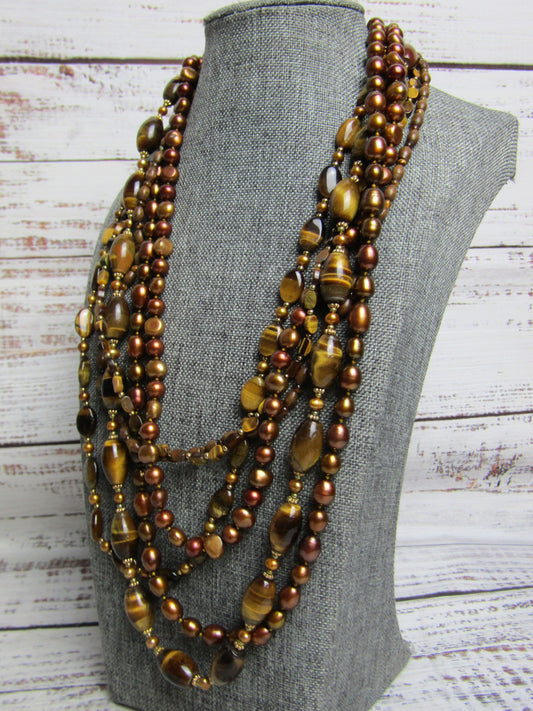 Coldwater Creek Multi-Strand Freshwater Pearl Tiger's Eye Beaded Necklace