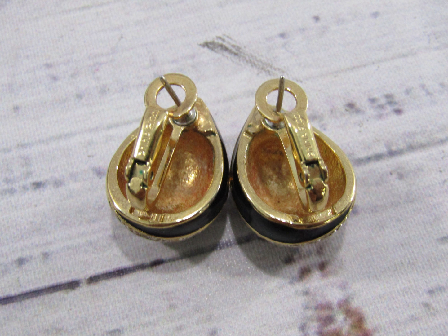 Vintage Nina Ricci Gold Plated Rhinestone Accent Black Enamel Clip-on Earrings