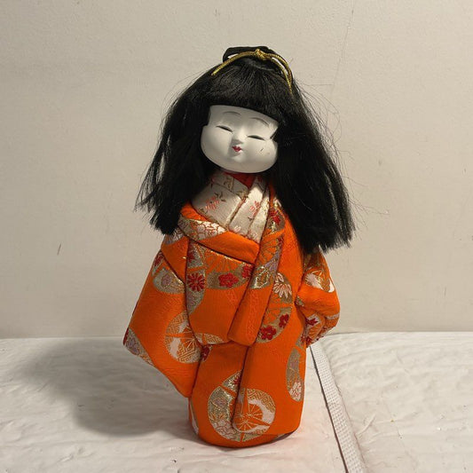 VTG. Orange Kimono Geisha Kimekomi Doll Paulownia Wood Sculpture