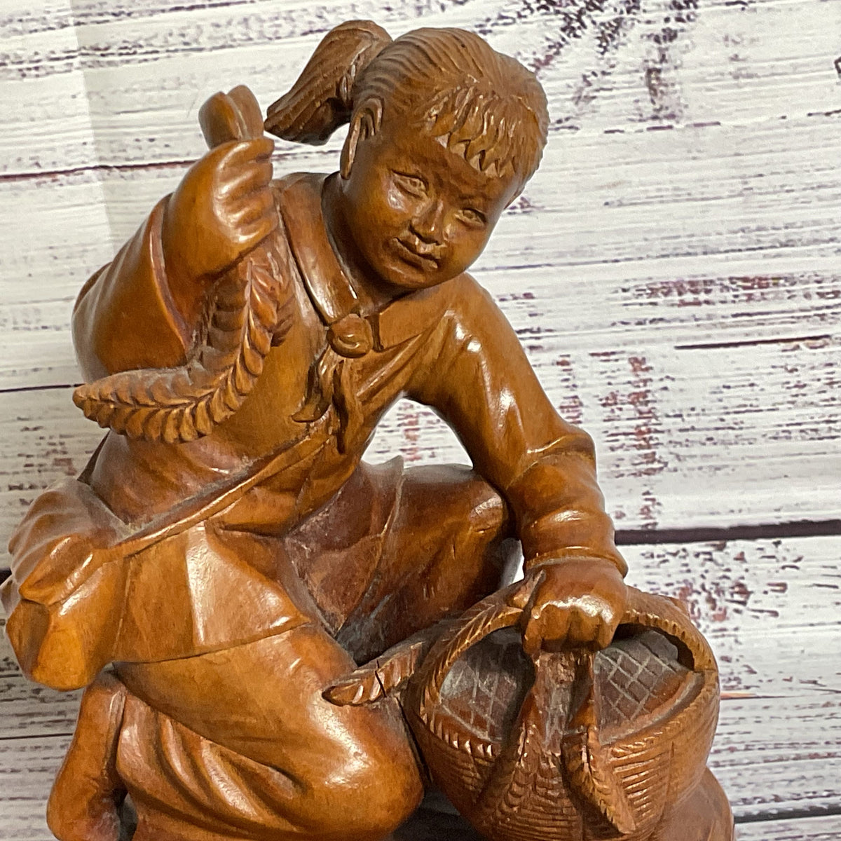 VTG./ANTIQUE Carved Boxwood Young Girl with Wheat and Basket- 5.5" x 7.5"